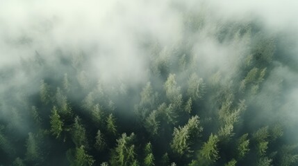 Green Forest in fog drone view. The beauty of wild nature.