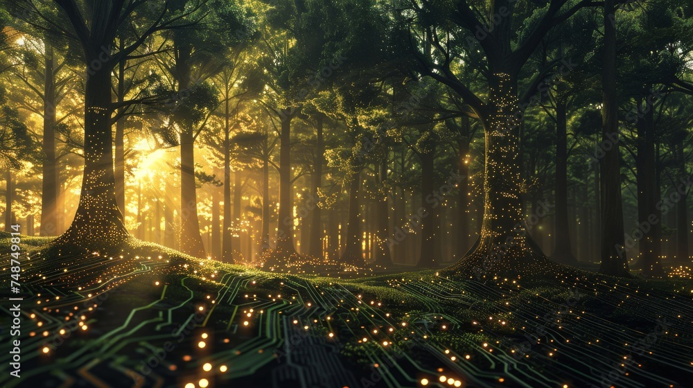 Poster a digital forest where the trees are made of circuitry and code, illustrating the concept of digital