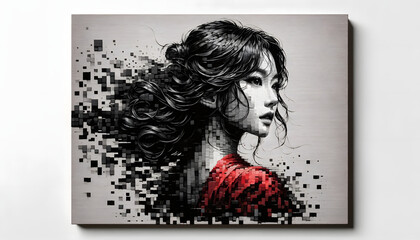 An artistic ink portrait of a girl viewed from the side, the girl with a blend of random-sized square ink blocks