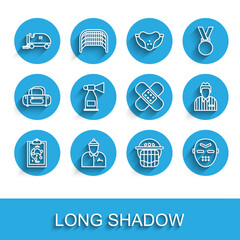 Set line Planning strategy, Hockey coach, Ice resurfacer, helmet, mask, Air horn, judge, referee, arbiter and Crossed bandage plaster icon. Vector