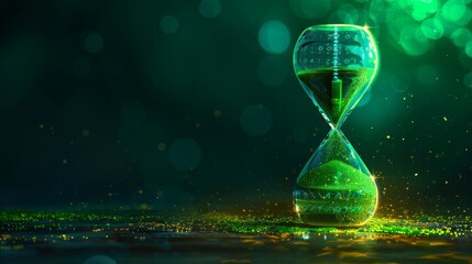 A digital hourglass with green sand, representing the urgency of sustainable investments.