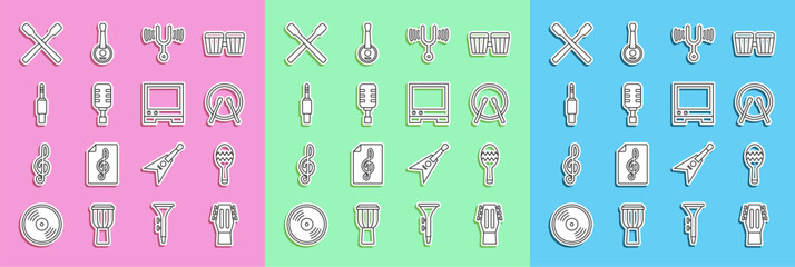 Set line Guitar, Maracas, Drum and drum sticks, Musical tuning fork, Microphone, Audio jack, and Voice assistant icon. Vector