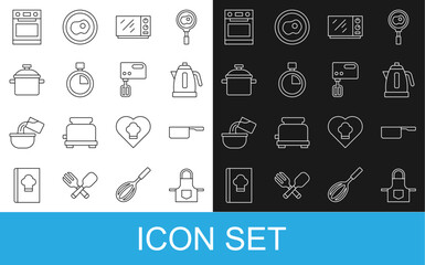 Set line Kitchen apron, Saucepan, Electric kettle, Microwave oven, Stopwatch, Cooking pot, Oven and mixer icon. Vector