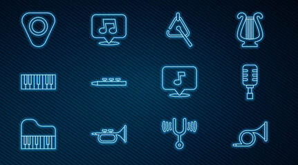 Set line Trumpet, Microphone, Triangle, Drum and drum sticks, Music synthesizer, Guitar pick, note, tone and icon. Vector
