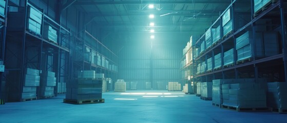 Modern warehouse interior with rows of shelves with packages under bright LED lighting at night. - obrazy, fototapety, plakaty