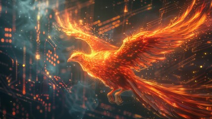 A digital phoenix rising from the ashes of traditional finance systems. - obrazy, fototapety, plakaty