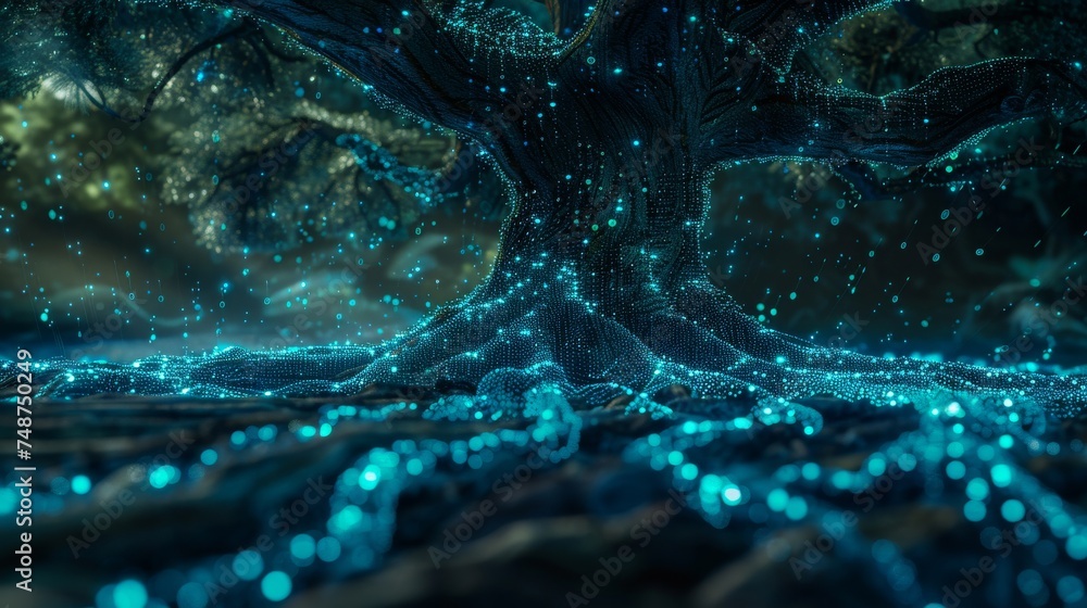 Poster a digital tree with roots in the form of blockchain links.