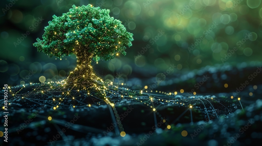 Poster a digital tree with roots in the form of blockchain links.