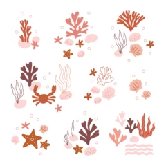 Papier Peint photo Vie marine Beautiful pre made compositions set. Natural undersea flora and fauna, sea or ocean life. Undersea species with coral, algae or seaweed, starfish, shells. Flat colorful vector illustration