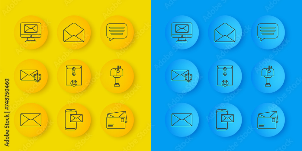 Poster set line envelope, with shield, delete envelope, mail box, monitor and, speech bubble chat and icon.