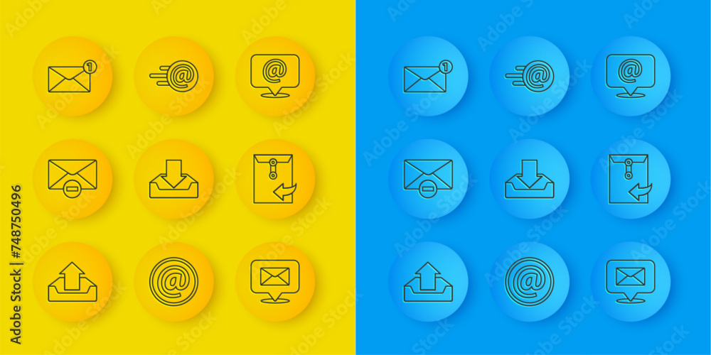 Poster set line upload inbox, delete envelope, download, speech bubble with, envelope, mail and e-mail on s