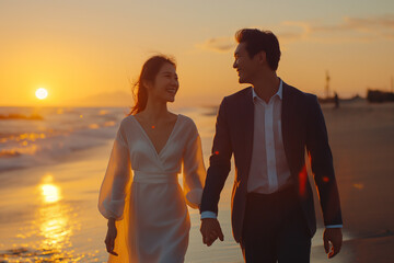 Asian woman and Asian man in suit are walking hand in hand on the beach at sunset and smiling happily