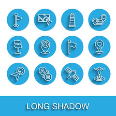 Set line Infographic of city map navigation, Route location, Location marker, Satellite, with person, house, heart and icon. Vector