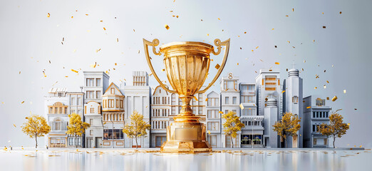 trophée en or devant une ville, pour un concours ou une élection  - obrazy, fototapety, plakaty
