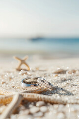 the wedding rings laying on the beach