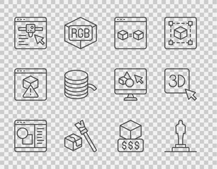 Set line 3D printer software, model, perfect copy, Isometric cube, setting, Filament for, services and icon. Vector