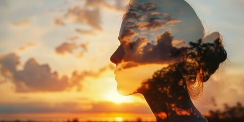 Double exposure portrait of a woman in contemplation at sunset time - obrazy, fototapety, plakaty