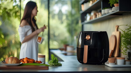 Experience the convenience of fast, electronic cooking with an air fryer that combines speed and precise temperature control to prepare healthier meals with reduced oil and fat - obrazy, fototapety, plakaty