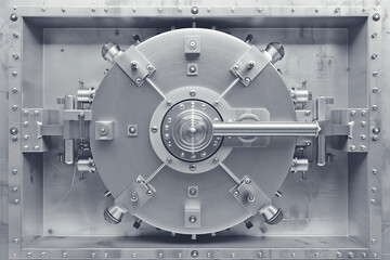 Monochrome Vault Mechanism. Detailed monochromatic view of a secure vault door's locking system. - obrazy, fototapety, plakaty