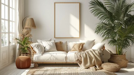 Scandinavian-inspired minimalist living room, photo frame mock-up, a cozy sofa, decorative pillows, a snug blanket, a tropical plant accent, and a lamp, exuding warmth and simplicity