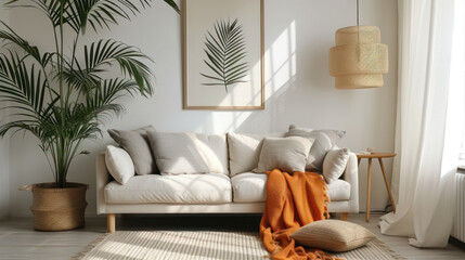 Scandinavian-inspired minimalist living room, photo frame mock-up, a cozy sofa, decorative pillows, a snug blanket, a tropical plant accent, and a lamp, exuding warmth and simplicity
