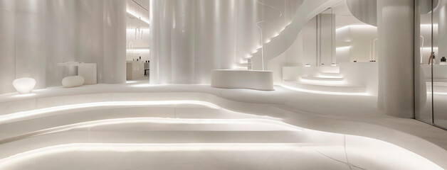 Fototapeta premium Futuristic White Interior of Luxury Shop. A serene, futuristic interior design of a luxury boutique, with smooth white surfaces and subtle lighting creating a high-end atmosphere.
