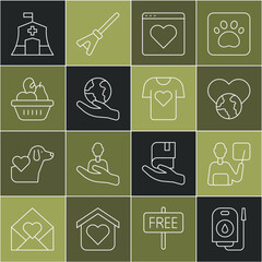 Set line Blood donation, Teacher, The heart world - love, Dating app online, Hand holding Earth globe, Donation food box, Emergency medical tent and Clothes icon. Vector