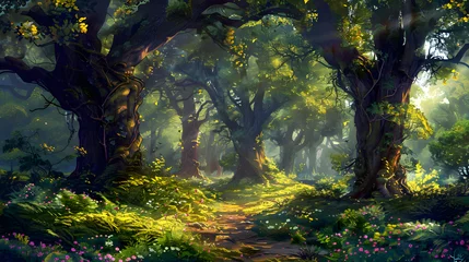 Fototapeten A beautiful fairytale enchanted forest with big trees and great vegetation. Digital painting background © Thestudio