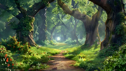 Fototapeten A beautiful fairytale enchanted forest with big trees and great vegetation. Digital painting background © Thestudio