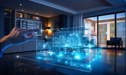Smart home concept. Future technology controlled by hologram control systems.