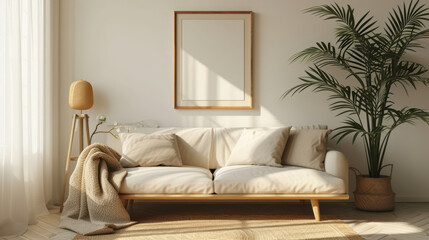 minimalist living room, where a Scandinavian-style sofa is elegantly paired with a tropical plant, photo frame mock-up, soft pillows, a cozy blanket, and a stylish lamp, serene interior design