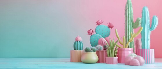 Colorful paper art cacti and succulents on pastel background, creative minimalistic design concept.