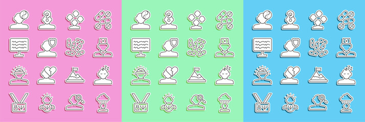Set line Depression and frustration, Dreams, Male doctor, Schizophrenia, Psychology, Encephalogram, Yin Yang symbol and Medicine pill tablet icon. Vector