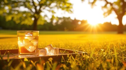 a glass of water and ice cubes on a tray in the grass with the sun shining in the background. - obrazy, fototapety, plakaty