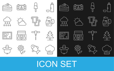 Set line Chef hat, Tree, Jug glass with water, Ice cream, Sun and cloud weather, Cloud rain, Piece of cake and Bread toast icon. Vector