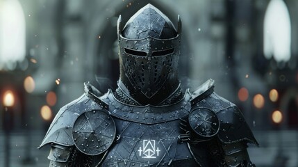 A knight in armor branded with cryptocurrency logos, defending against regulatory challenges. - obrazy, fototapety, plakaty