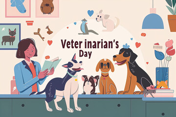 International Veterinarian Day. Vector illustration of animal care. Flat style.