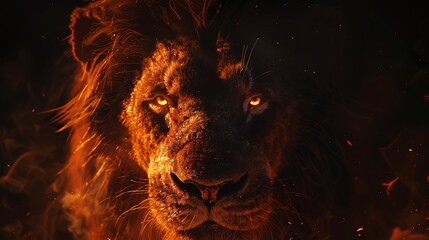intense lion portrait with fiery eyes, detailed closeup of majestic wildlife animal isolated on dark background