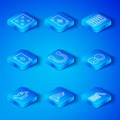 Set line Joker playing card, Horseshoe, Security camera, Poker player, Slot machine with lucky sevens, Playing diamonds, Game dice and Casino chips icon. Vector