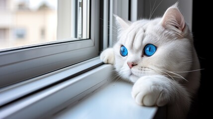 a white cat with blue eyes sitting on a window sill looking out of a window with its paw on the window sill.