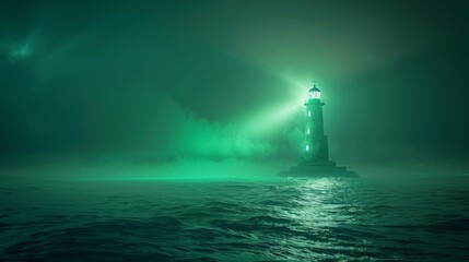 A lighthouse casting a green beam across a digital ocean, guiding ships to sustainability. - obrazy, fototapety, plakaty