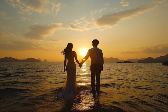 Chinese couples，Wedding photos by the seaside，Under the sunset
