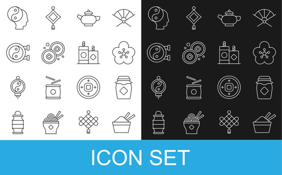 Set line ice in a bowl with chopstick, Jar of honey, Lotus flower, Chinese tea ceremony, Yuan currency, Yin Yang symbol, and Firework icon. Vector