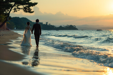Newlyweds walking on the beach in summer, barefoot - obrazy, fototapety, plakaty