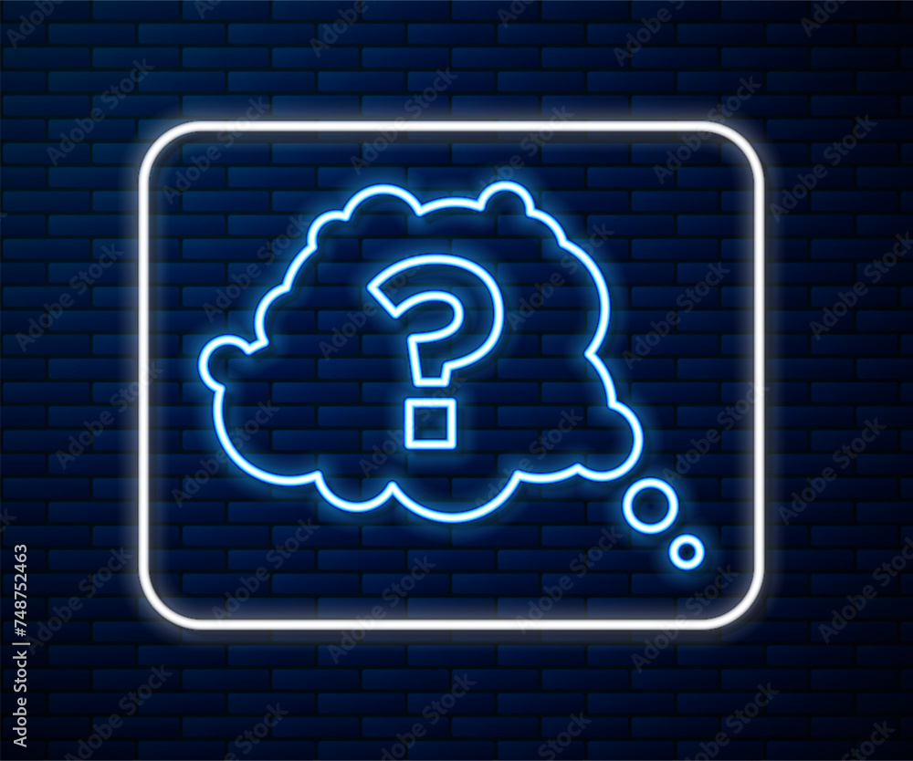 Poster glowing neon line question mark icon isolated on brick wall background. faq sign. copy files, chat s