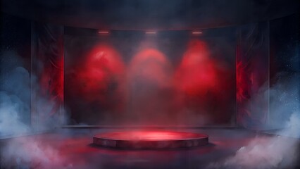 red stage, podium with smoke and fog, neon light. futuristic background with futuristic neon lights and empty space stage concert with red carpet