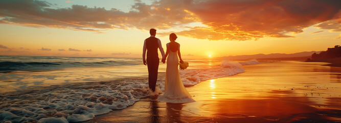 Newlyweds walking on the beach in summer, barefoot