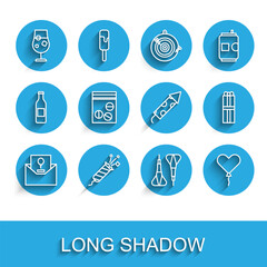 Set line Invitation, Firework rocket, Cocktail and alcohol drink, Dart arrow, Balloon form of heart, Plastic bag drug, Gift box and icon. Vector