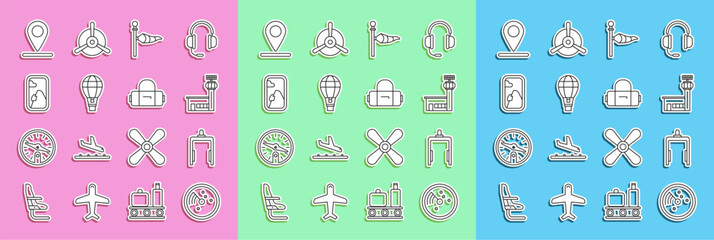 Set line Radar with targets on monitor, Metal detector in airport, Airport control tower, Cone meteorology windsock wind vane, Hot balloon, Airplane window, Location and Suitcase icon. Vector - obrazy, fototapety, plakaty