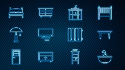 Set line Washbasin with water tap, Wooden table, cabinet, Smart Tv, Table lamp, Big bed, Heating radiator and Chest of drawers icon. Vector